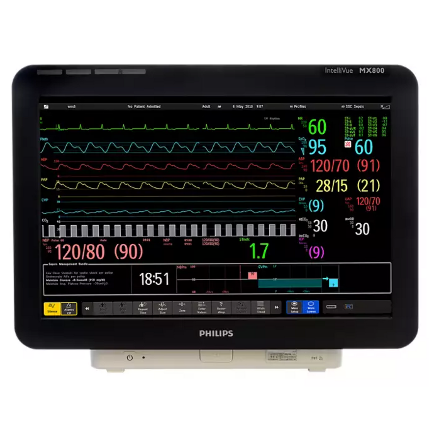 Philips IntelliVue MX800 Patient Monitor
IntelliVue MX800 Critical Care Patient Monitor by Philips
Philips MX800 Touch-Screen Patient Monitoring System