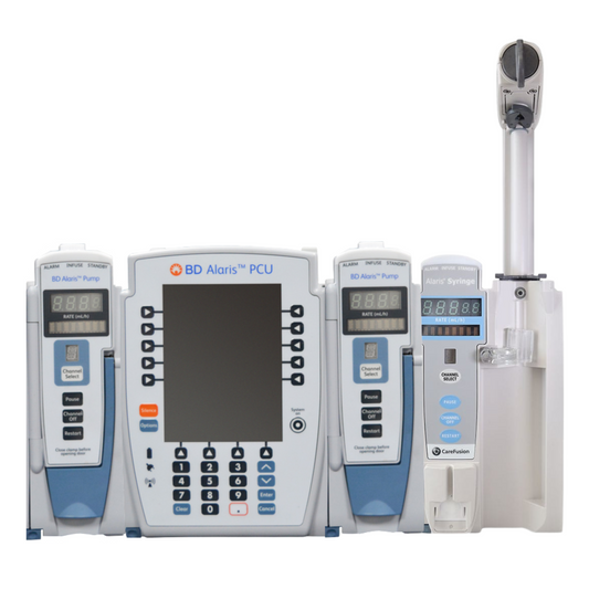 Alaris Medley Combo 8015 PC Unit with 8100 and 8110 modules

Alaris 8015 infusion system with syringe and IV pump modules

CareFusion Alaris infusion therapy system with Guardrails safety software