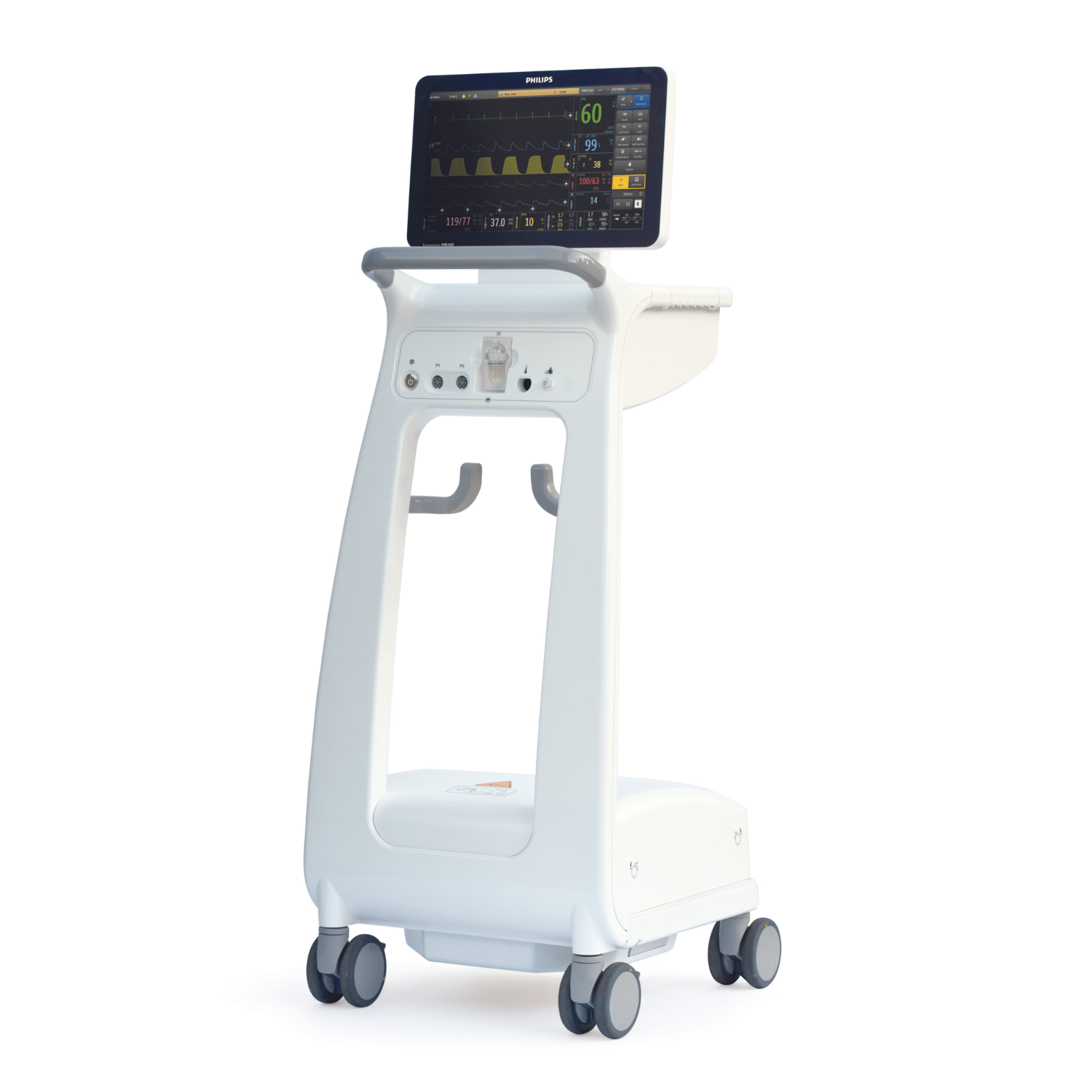 Image showing the Philips Expression MR400 MRI-safe patient monitor mounted on a durable mobile cart with the IP5 display, designed for MRI environments up to 3.0T.