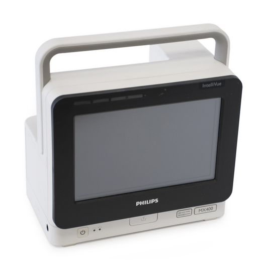 Philips IntelliVue MX400 9-inch touchscreen patient monitor

Portable Philips MX400 monitor with handle and modular extension

Philips MX400 compact bedside/transport monitor in hospital setting